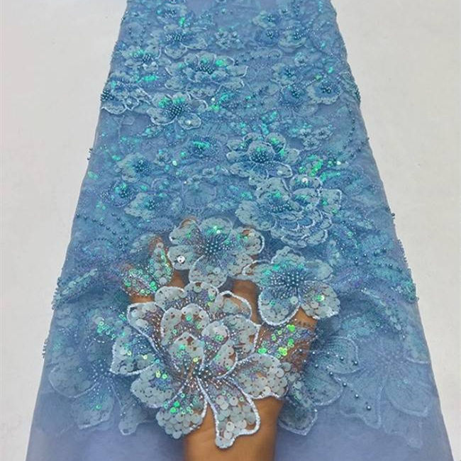 5 Yards Multi-Color Sequins Pearls Beaded Embroidered 3D Floral Lace Material Fabric ZT029
