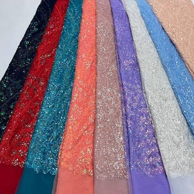 5 Yards Multi-Color Sequins Pearls Beaded Embroidered 3D Floral Lace Material Fabric ZT031
