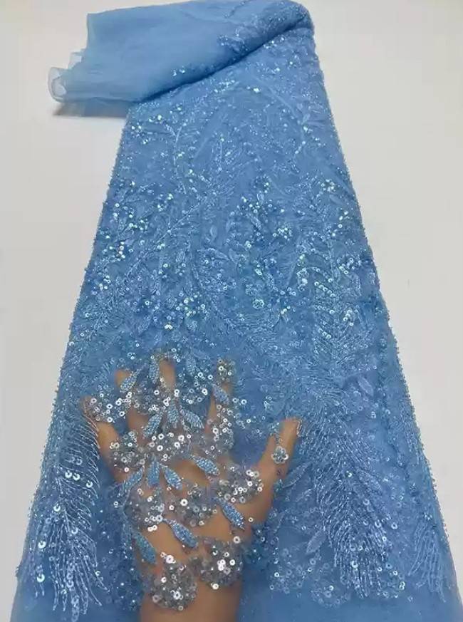 5 Yards Multi-Color Sequins Pearls Beaded Embroidered 3D Floral Lace Material Fabric ZT031