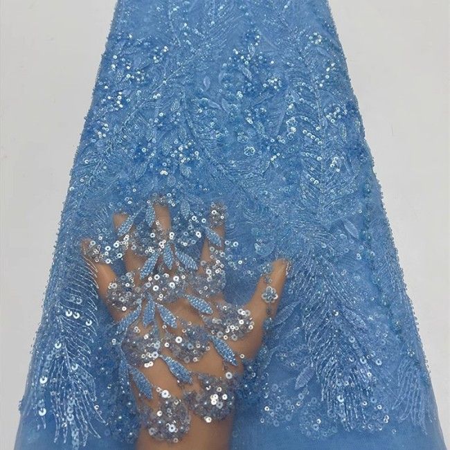 5 Yards Multi-Color Sequins Pearls Beaded Embroidered 3D Floral Lace Material Fabric ZT031