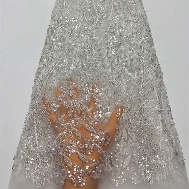 5 Yards Multi-Color Sequins Pearls Beaded Embroidered 3D Floral Lace Material Fabric ZT031