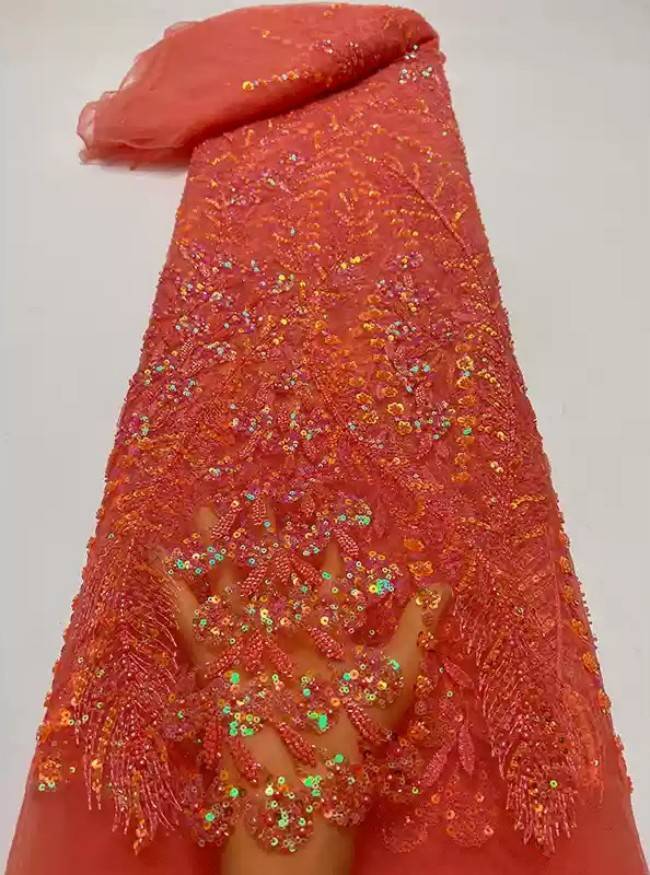 5 Yards Multi-Color Sequins Pearls Beaded Embroidered 3D Floral Lace Material Fabric ZT031