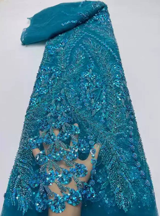 5 Yards Multi-Color Sequins Pearls Beaded Embroidered 3D Floral Lace Material Fabric ZT031