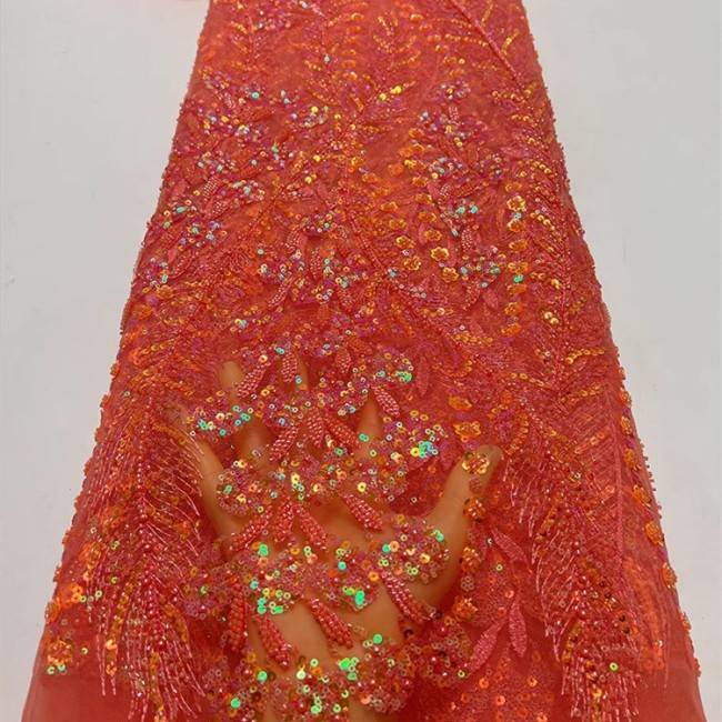 5 Yards Multi-Color Sequins Pearls Beaded Embroidered 3D Floral Lace Material Fabric ZT031