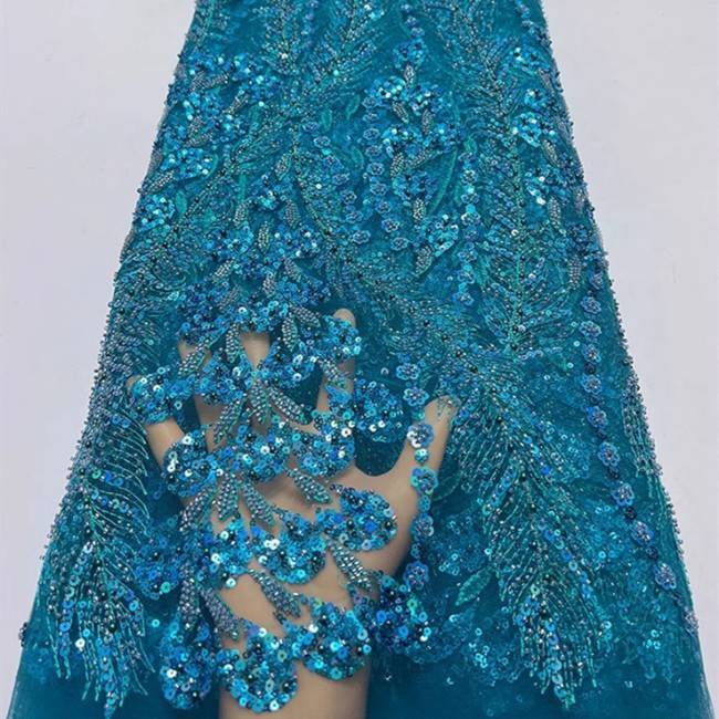 5 Yards Multi-Color Sequins Pearls Beaded Embroidered 3D Floral Lace Material Fabric ZT031