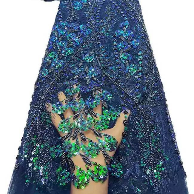 5 Yards Multi-Color Sequins Pearls Beaded Embroidered 3D Floral Lace Material Fabric ZT031