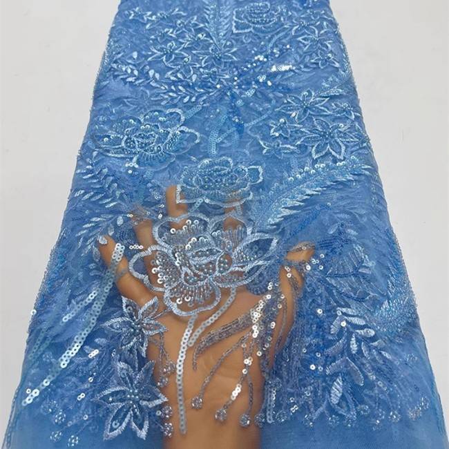 5 Yards Multi-Color Sequins Pearls Beaded Embroidered 3D Floral Lace Material Fabric ZT032