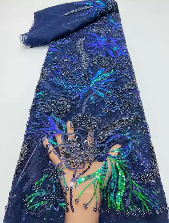 5 Yards Multi-Color Sequins Pearls Beaded Embroidered 3D Floral Lace Material Fabric ZT032