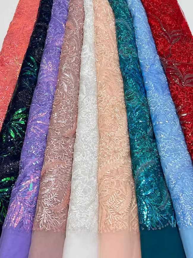 5 Yards Multi-Color Sequins Pearls Beaded Embroidered 3D Floral Lace Material Fabric ZT032