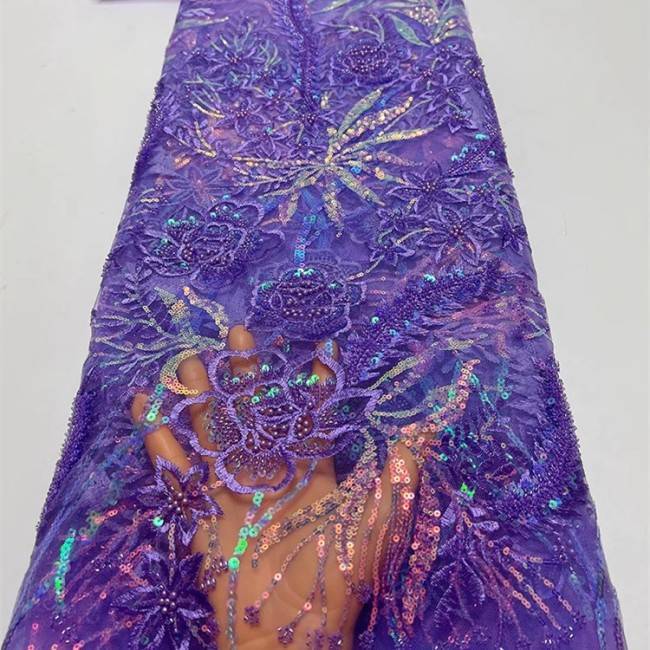 5 Yards Multi-Color Sequins Pearls Beaded Embroidered 3D Floral Lace Material Fabric ZT032