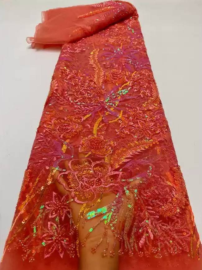 5 Yards Multi-Color Sequins Pearls Beaded Embroidered 3D Floral Lace Material Fabric ZT032