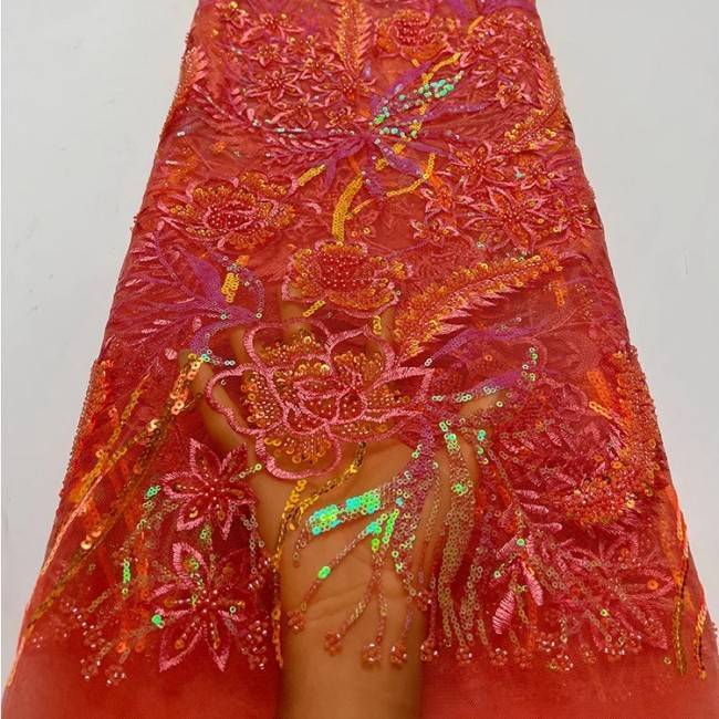 5 Yards Multi-Color Sequins Pearls Beaded Embroidered 3D Floral Lace Material Fabric ZT032
