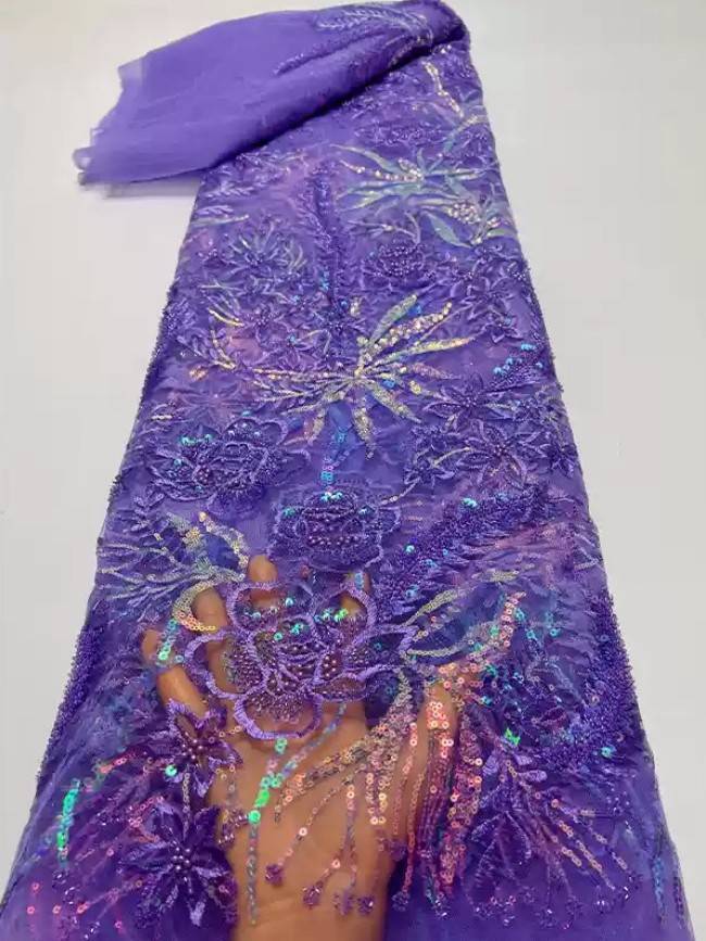 5 Yards Multi-Color Sequins Pearls Beaded Embroidered 3D Floral Lace Material Fabric ZT032