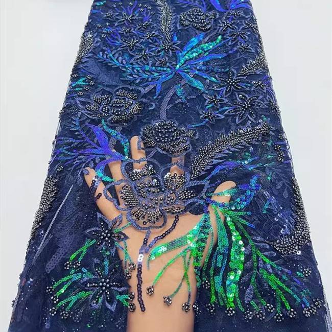 5 Yards Multi-Color Sequins Pearls Beaded Embroidered 3D Floral Lace Material Fabric ZT032