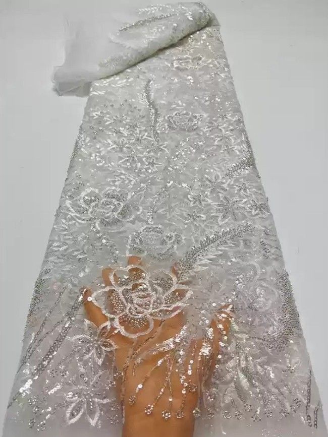 5 Yards Multi-Color Sequins Pearls Beaded Embroidered 3D Floral Lace Material Fabric ZT032