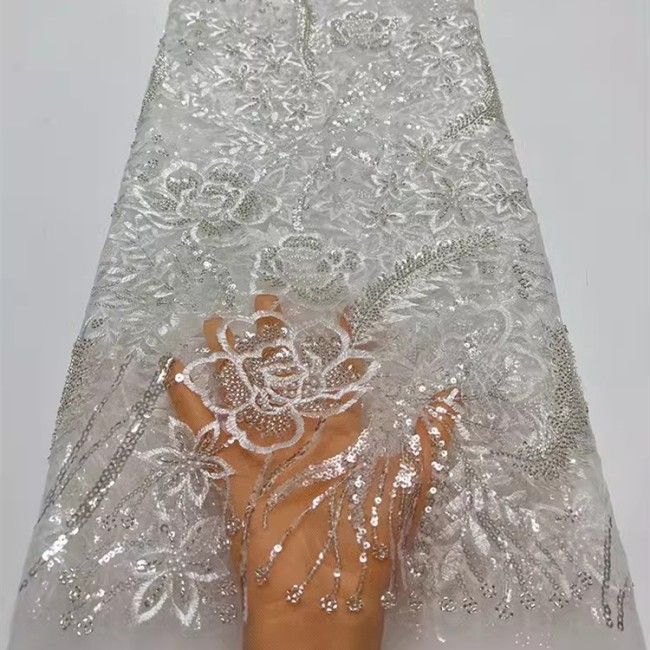 5 Yards Multi-Color Sequins Pearls Beaded Embroidered 3D Floral Lace Material Fabric ZT032