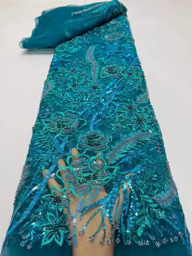 5 Yards Multi-Color Sequins Pearls Beaded Embroidered 3D Floral Lace Material Fabric ZT032