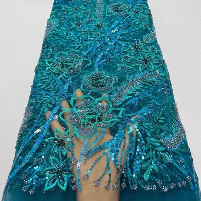 5 Yards Multi-Color Sequins Pearls Beaded Embroidered 3D Floral Lace Material Fabric ZT032