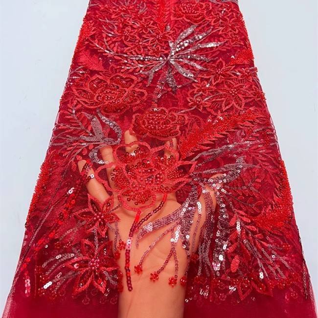 5 Yards Multi-Color Sequins Pearls Beaded Embroidered 3D Floral Lace Material Fabric ZT032