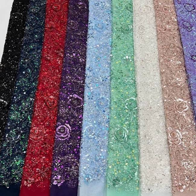 5 Yards Multi-Color Sequins Pearls Beaded Embroidered 3D Floral Lace Material Fabric ZT034