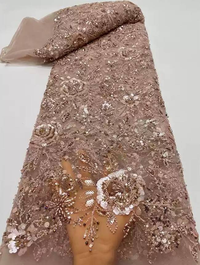 5 Yards Multi-Color Sequins Pearls Beaded Embroidered 3D Floral Lace Material Fabric ZT034