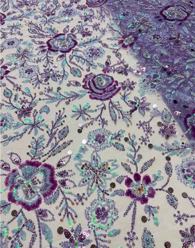5 Yards Multi-Color Sequins Pearls Beaded Embroidered 3D Floral Lace Material Fabric ZT034
