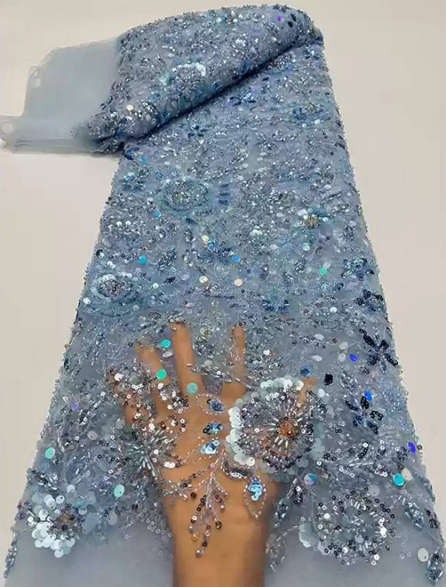 5 Yards Multi-Color Sequins Pearls Beaded Embroidered 3D Floral Lace Material Fabric ZT034