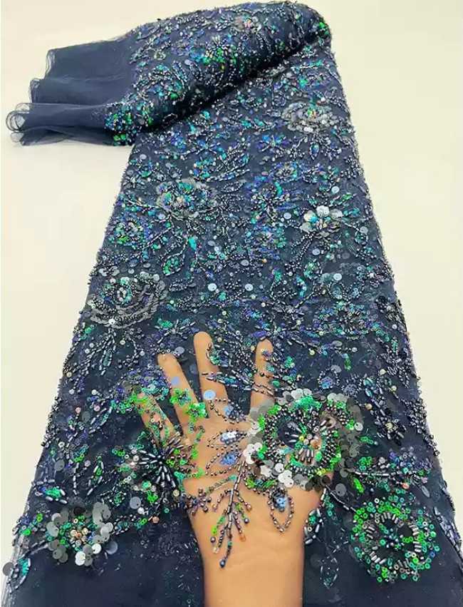 5 Yards Multi-Color Sequins Pearls Beaded Embroidered 3D Floral Lace Material Fabric ZT034