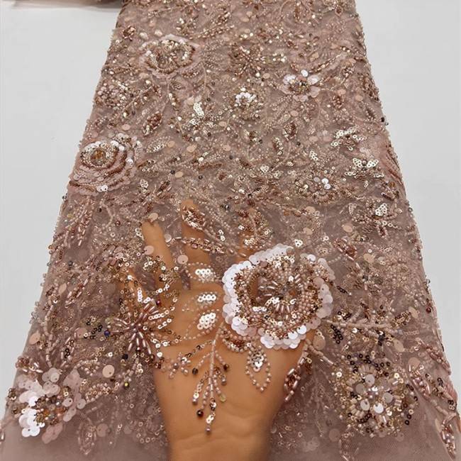 5 Yards Multi-Color Sequins Pearls Beaded Embroidered 3D Floral Lace Material Fabric ZT034