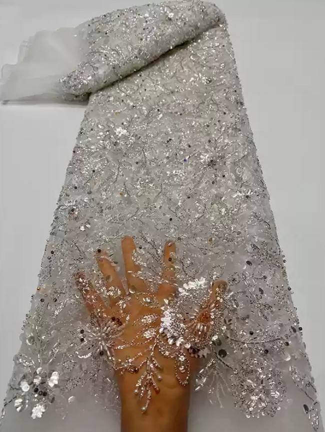 5 Yards Multi-Color Sequins Pearls Beaded Embroidered 3D Floral Lace Material Fabric ZT034