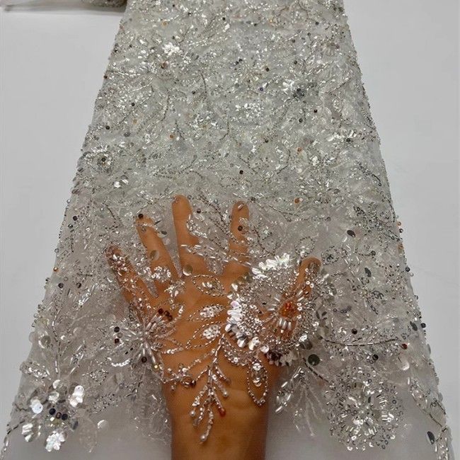 5 Yards Multi-Color Sequins Pearls Beaded Embroidered 3D Floral Lace Material Fabric ZT034