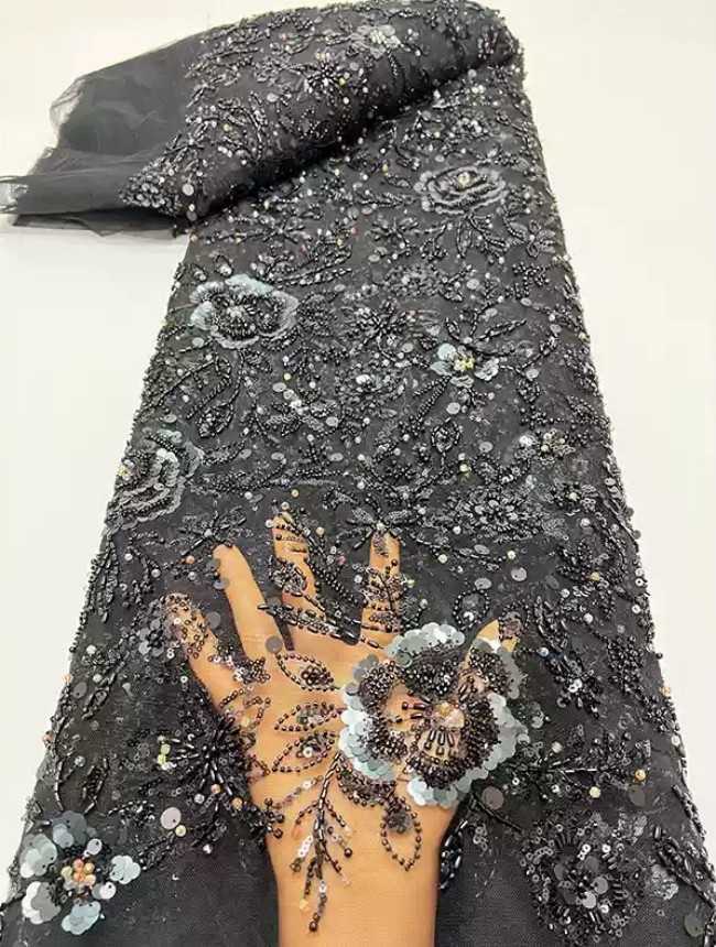 5 Yards Multi-Color Sequins Pearls Beaded Embroidered 3D Floral Lace Material Fabric ZT034