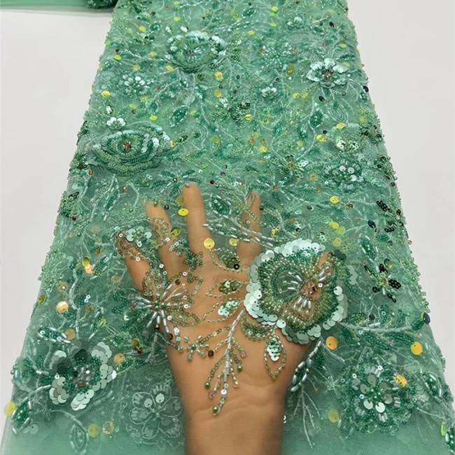 5 Yards Multi-Color Sequins Pearls Beaded Embroidered 3D Floral Lace Material Fabric ZT034