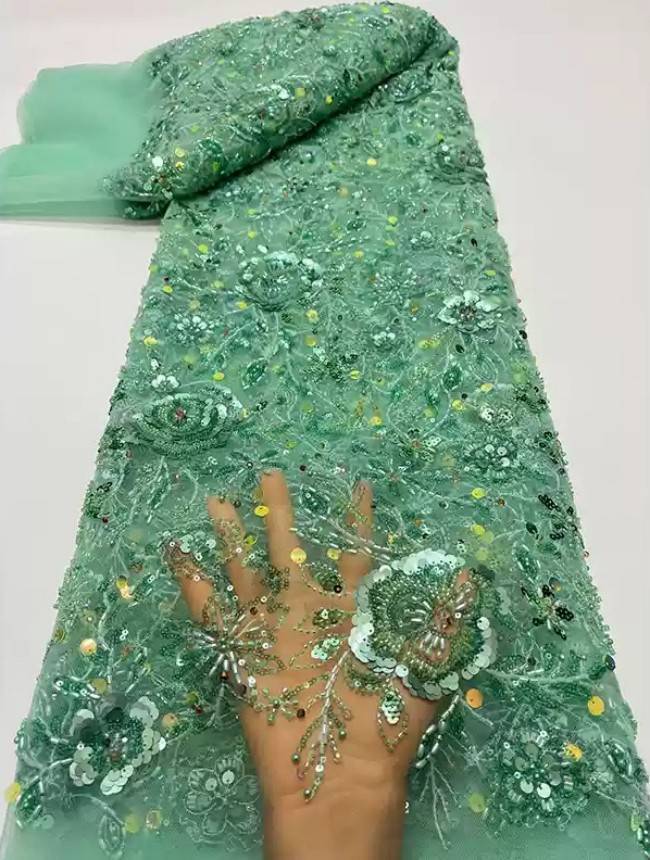 5 Yards Multi-Color Sequins Pearls Beaded Embroidered 3D Floral Lace Material Fabric ZT034