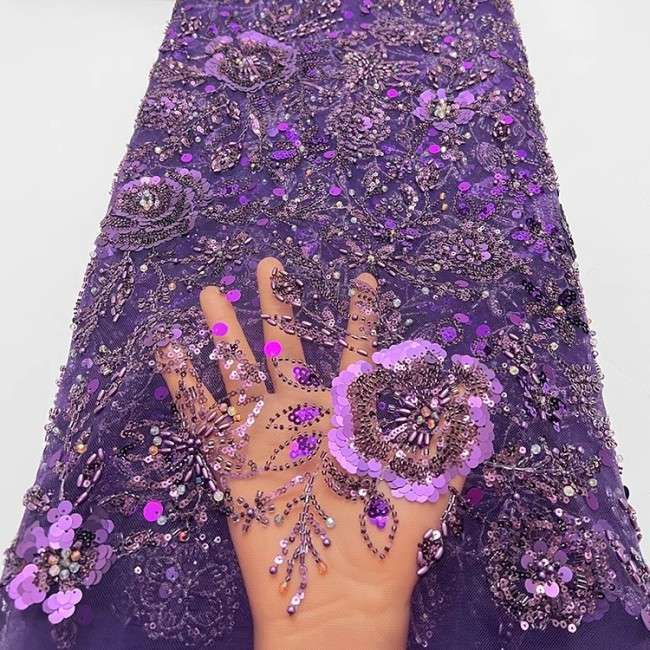 5 Yards Multi-Color Sequins Pearls Beaded Embroidered 3D Floral Lace Material Fabric ZT034