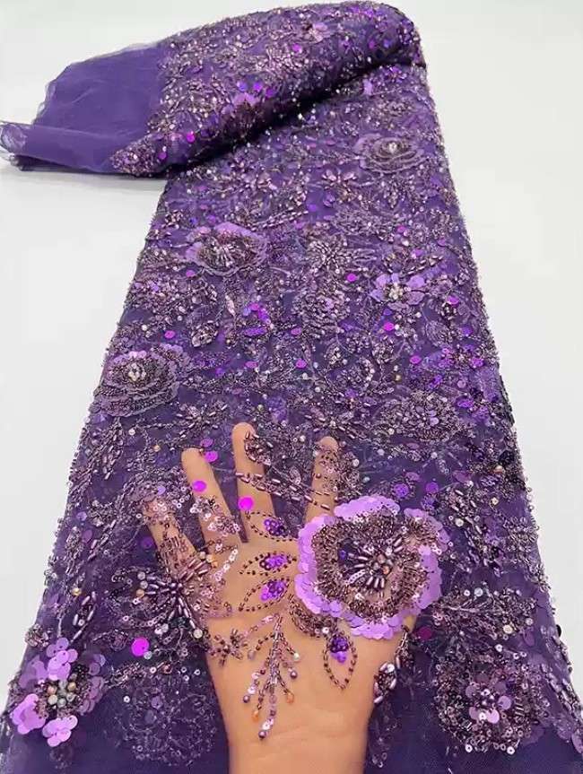 5 Yards Multi-Color Sequins Pearls Beaded Embroidered 3D Floral Lace Material Fabric ZT034