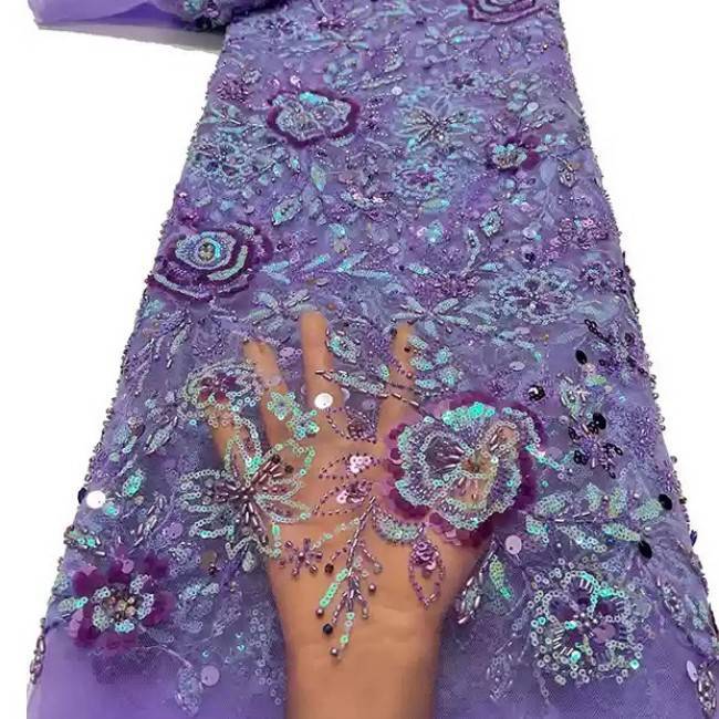 5 Yards Multi-Color Sequins Pearls Beaded Embroidered 3D Floral Lace Material Fabric ZT034