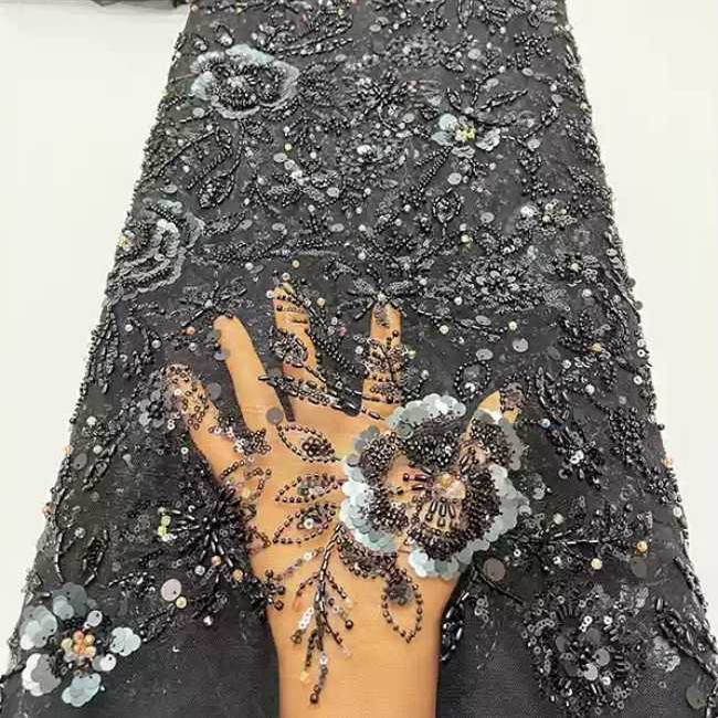 5 Yards Multi-Color Sequins Pearls Beaded Embroidered 3D Floral Lace Material Fabric ZT034