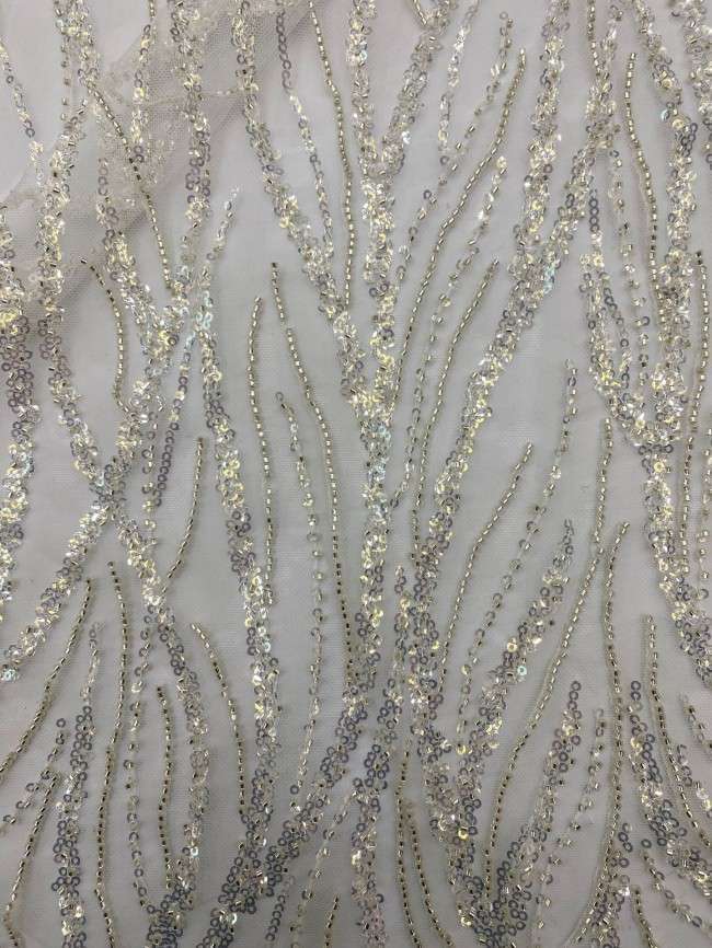 5 Yards White Beaded Bridal Lace Material Fabric For Dresses