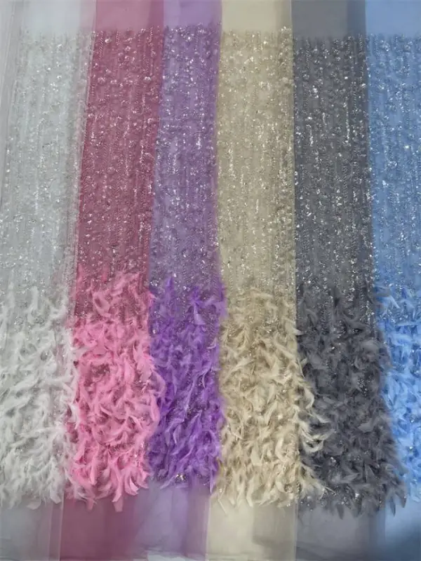 5 Yards Multi-Color Sequins Pearls Beaded Embroidered 3D Floral Lace Material Fabric ZT036