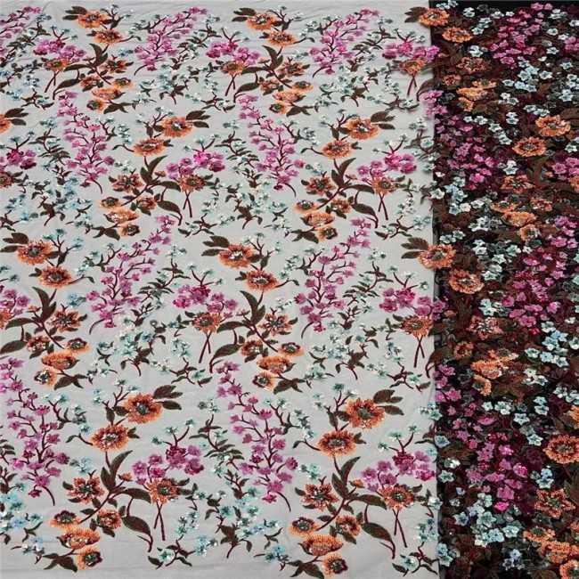 5 Yards Multi-Color Sequins Pearls Beaded Embroidered 3D Floral Lace Material Fabric For Dresses ZT044
