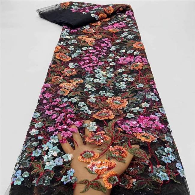 5 Yards Multi-Color Sequins Pearls Beaded Embroidered 3D Floral Lace Material Fabric For Dresses ZT044