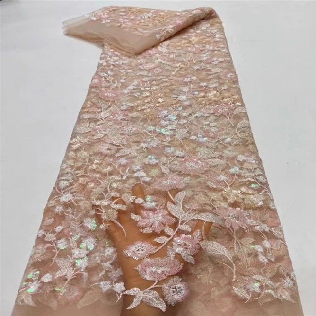 5 Yards Multi-Color Sequins Pearls Beaded Embroidered 3D Floral Lace Material Fabric For Dresses ZT044