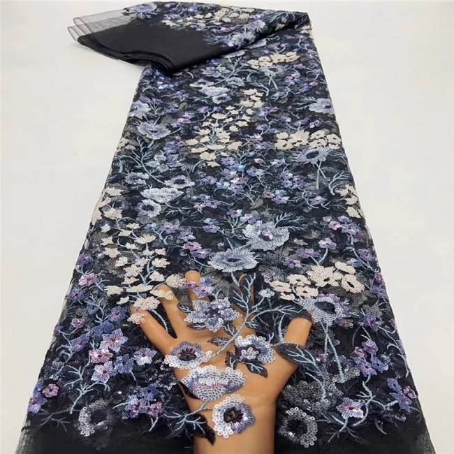 5 Yards Multi-Color Sequins Pearls Beaded Embroidered 3D Floral Lace Material Fabric For Dresses ZT044