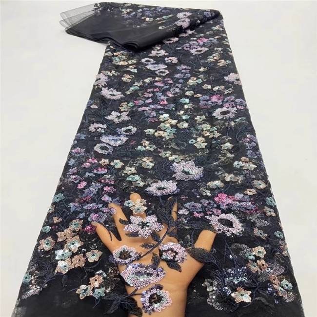 5 Yards Multi-Color Sequins Pearls Beaded Embroidered 3D Floral Lace Material Fabric For Dresses ZT044