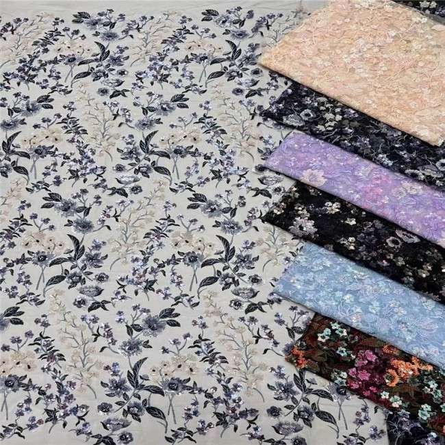 5 Yards Multi-Color Sequins Pearls Beaded Embroidered 3D Floral Lace Material Fabric For Dresses ZT044