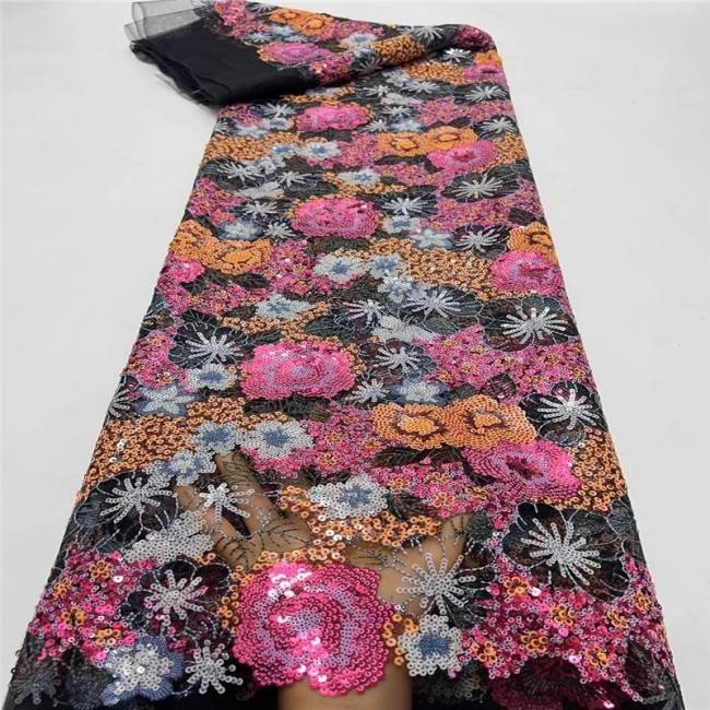 5 Yards Multi-Color Sequins Pearls Beaded Embroidered 3D Floral Lace Material Fabric For Dresses ZT045