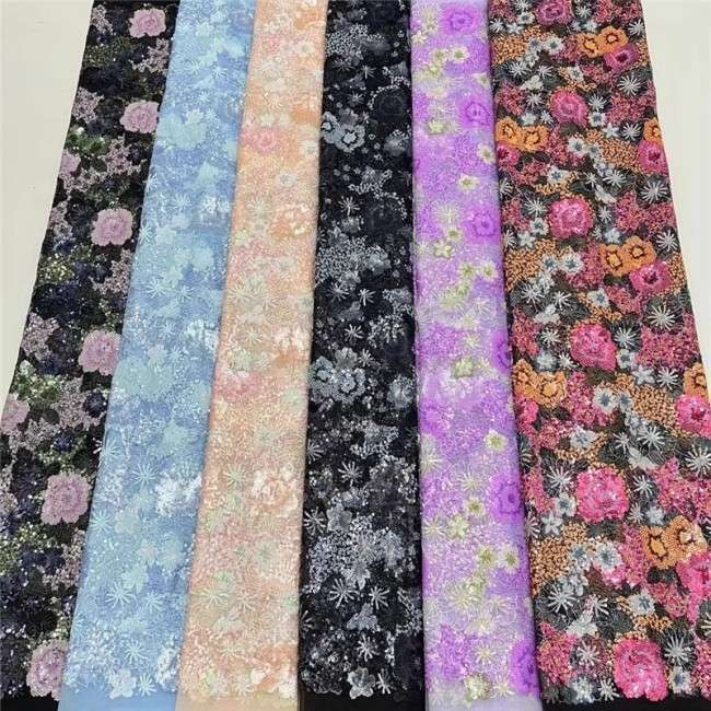 5 Yards Multi-Color Sequins Pearls Beaded Embroidered 3D Floral Lace Material Fabric For Dresses ZT045