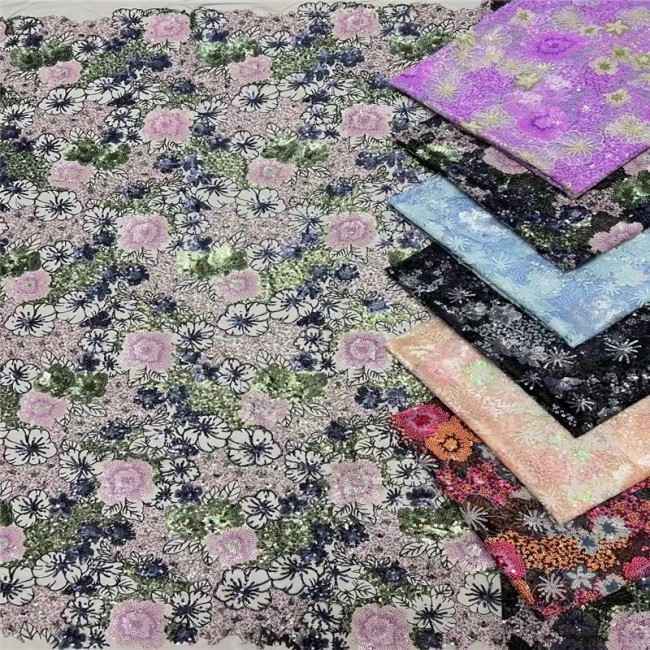 5 Yards Multi-Color Sequins Pearls Beaded Embroidered 3D Floral Lace Material Fabric For Dresses ZT045