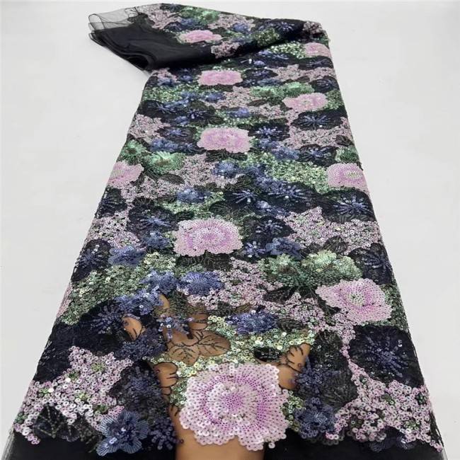 5 Yards Multi-Color Sequins Pearls Beaded Embroidered 3D Floral Lace Material Fabric For Dresses ZT045